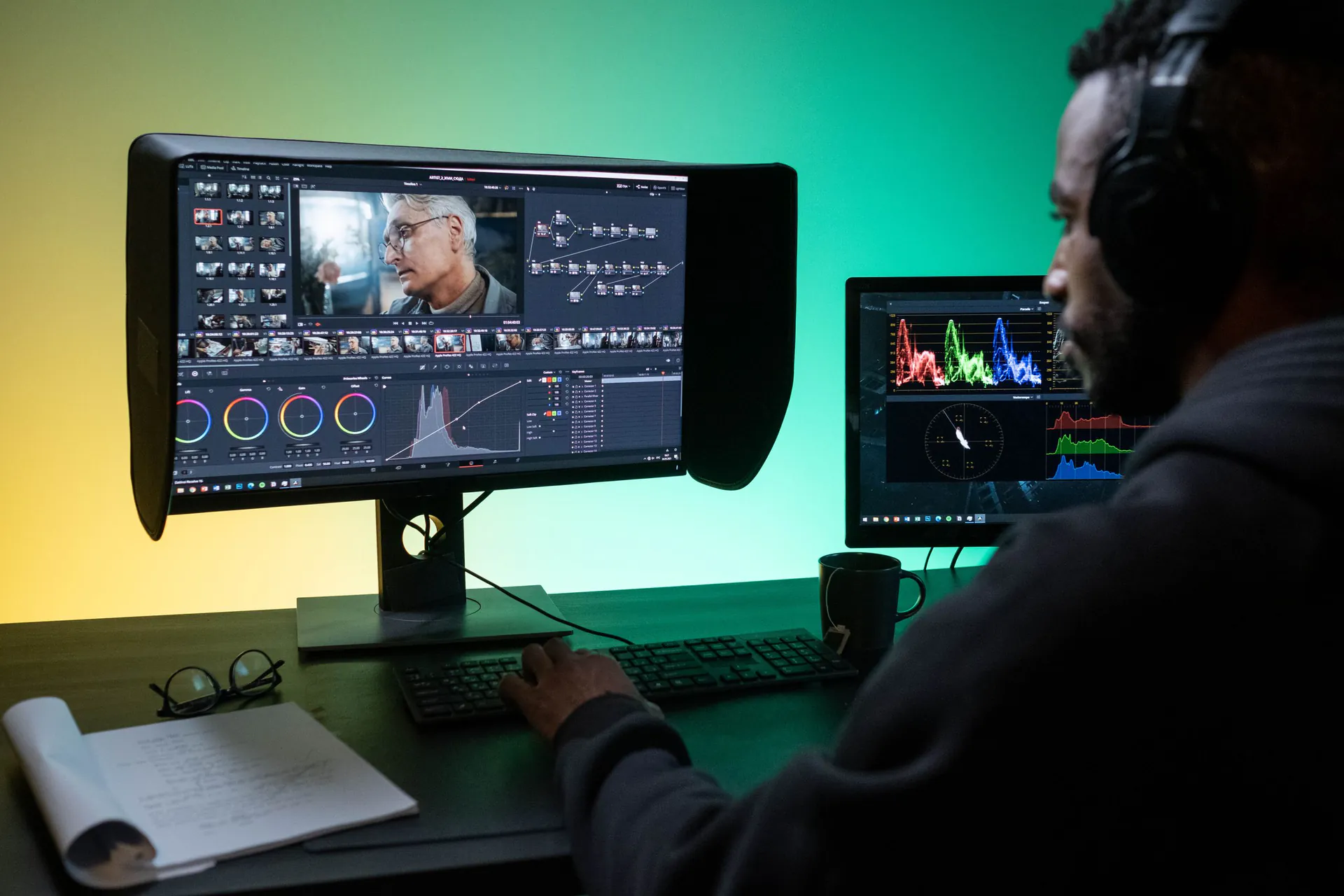 Video editor in headphones working on a colour-grading timeline across two monitors in a dim room